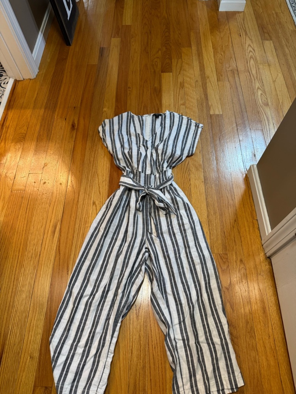 Ann Taylor Factory Black and White Striped V-Neck Jumpsuit